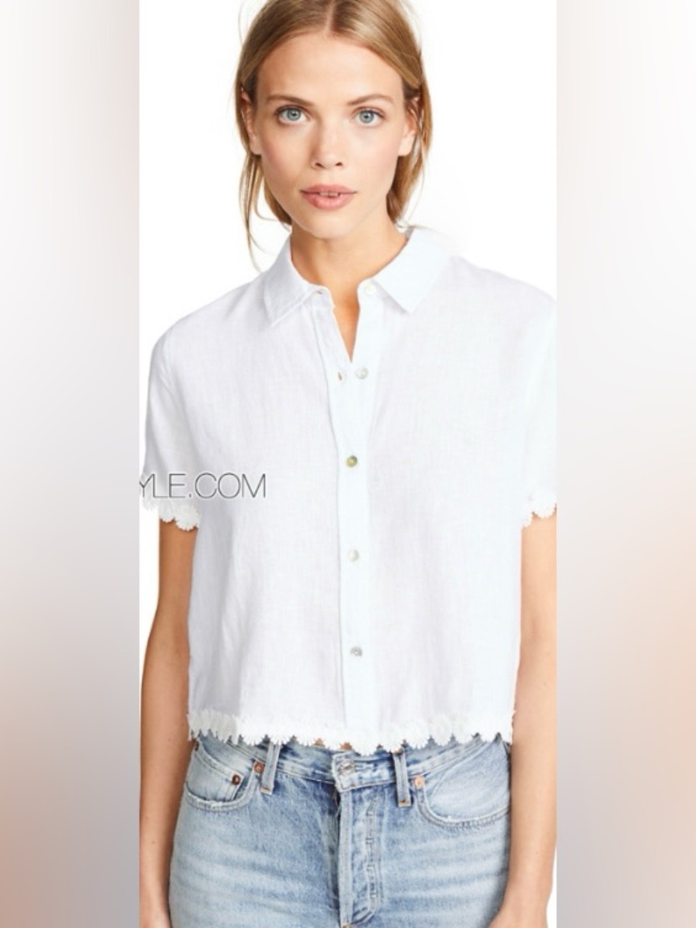 Rails "Kit" White Linen Button Down Cropped Blouse w/Floral Trim